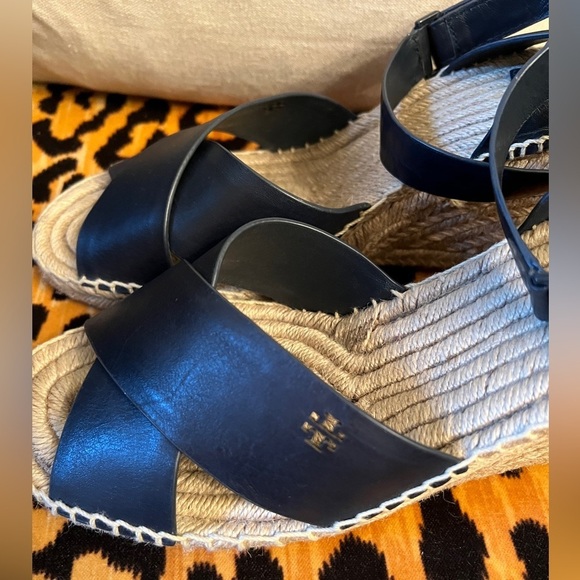 TORY BURCH Navy Cream Frieda Platform Wedge Espadrille Sandals Leather - Picture 4 of 8